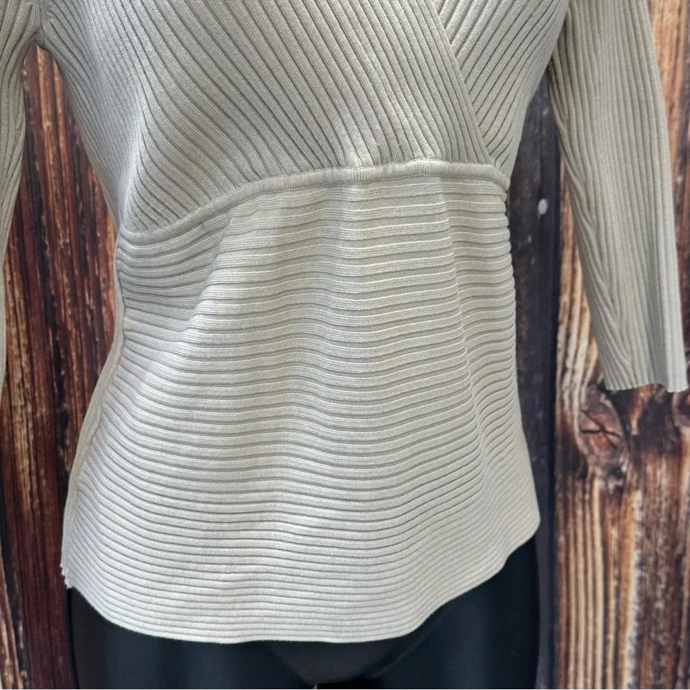 Viscose & Silk August‎ Silk Knits Latte Ribbed Crisscross Top 3/4 Sleeves Size L